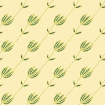 Light summer seamless pattern with contoured flower shapes. Soft yellow backg Stock Illustration