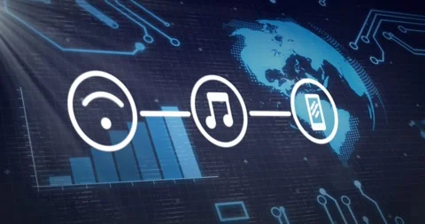 Light sweeping starting icon animating Wi?Fi music phone linking lines, globe Stock Footage 321700848