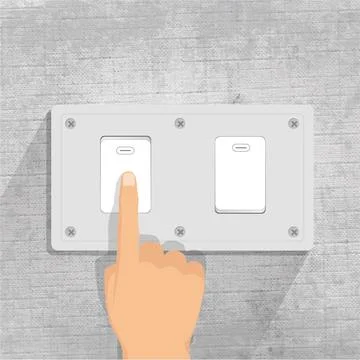 Light switch. finger pressing light switch button. gray background Stock Illustration