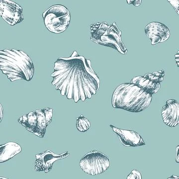 Light teal seamless pattern with scattered seashells in monochrome style, hand Illustrazione stock