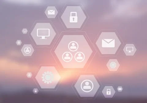 Light tech communication icons on blurred sky Illustrazione stock