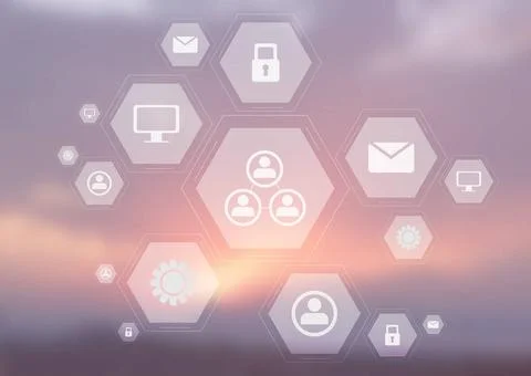 Light tech communication icons on blurred sky Light tech communication ico... Stock Photos