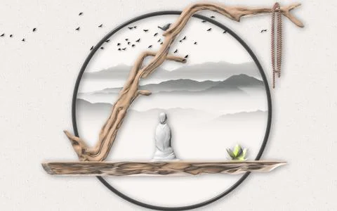 Light textured background, abstract dry tree, gray ceramic figure Stock Illustration