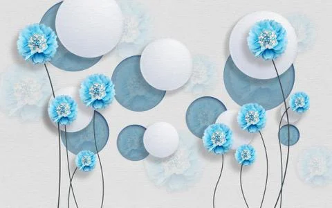 Light textured background, cut out circles, large blue abstract flowers Stock Illustration