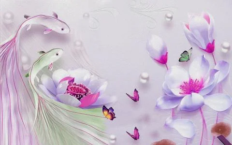 Light textured background, large water lilies, two fish with long tails Illustrazione stock