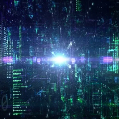 A light through cyberspace, lines of white numbers passing by, 4K Stock Footage 69405689