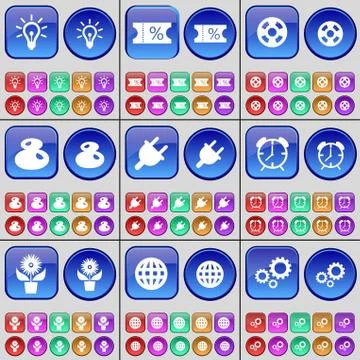 Light, Ticket, Videotape, Eight, Socket, Alarm clock, Flower, Globe, Gear. A lar Stock Illustration