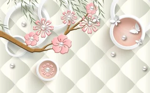 Light tiled background, white rings, abstract pink flowers, pearls, butterflies Stock Illustration