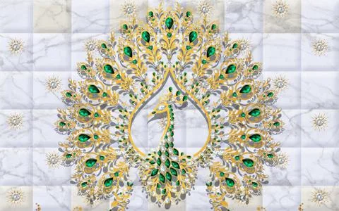 Light tiled marble background, gold ornamental peacock with emeralds Stock Illustration