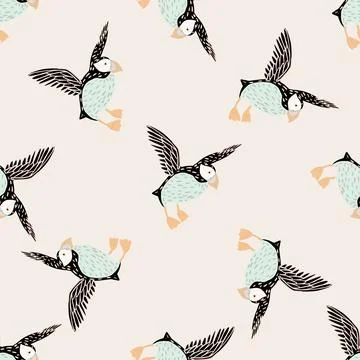 Light tones seamless pattern with hand drawn doodle puffin bird silhouettes.  Stock Illustration