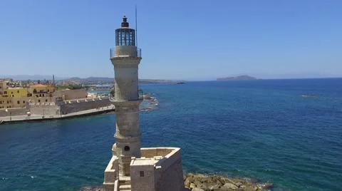 Light Tower - Harbor Chania Crete Greece - Drone shot- 2.7 K Stock Footage 65491735