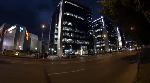 Light Traffic Late At Night In Front Of Bussines Center, Fish Eye Stock Footage 66460676