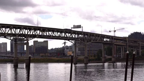 Light Traffic on Marquam Bridge With Cloudy SW Portland Skyline Behind Stock Footage 74293125