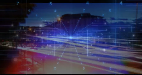 Light trails activating animated overlay visualizing data with node radiating Stock Footage 312827646