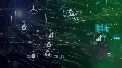 Light trails activating overlay, icons fading, metrics updating, code scrolling, Stock Footage 333059224