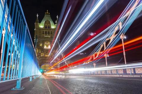 Light trails along Tower Bridge in London Stock Photos