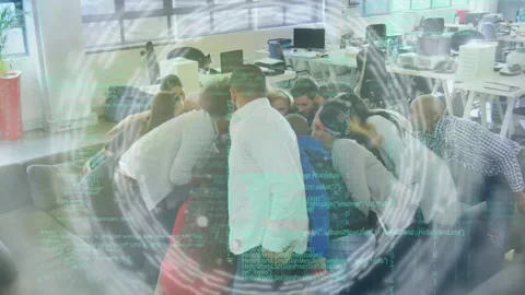 Light trails and data processing against diverse office colleagues stacking Stock Footage 162933094