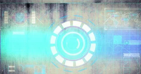 Light trails and glitch effect against round neon scanner and digital interface 스톡 일러스트