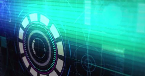 Light trails and glitch effect against round neon scanner and digital interface Illustrazione stock