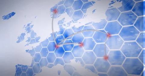 Light trails and hexagonal shapes over world map against grey background Ilustração Stock