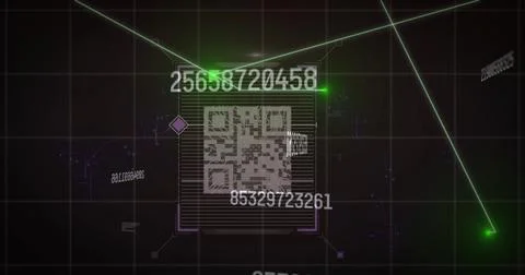 Light trails and multiple changing numbers over qr code scanner against black Stock Illustration