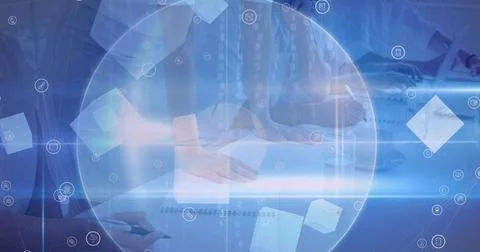 Light trails and scope scanning over mid section of group of office colleagues Illustrazione stock
