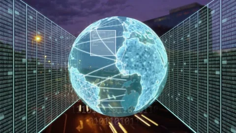 Light trails causing holographic globe fading in, rotating nodes forming Stock Footage 334728958
