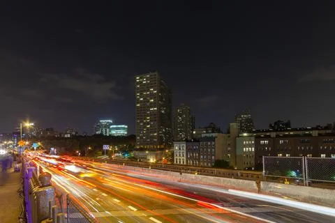 Light trails at the exit of Brooklyn Bridge Stock Photos