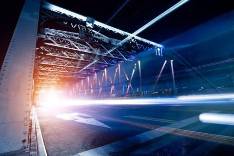 The light trails on the modern building Stock Photos
