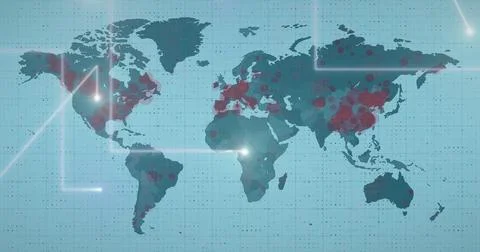 Light trails moving over world map turning red against blue background Ilustração Stock
