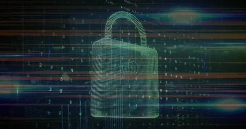 Light trails over security padlock icon against spots of light on blue Stockbeeldmateriaal 329985759