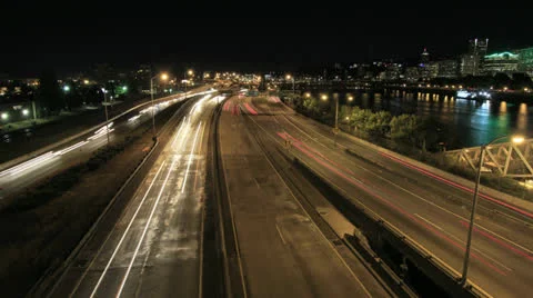 Light Trails Time Lapse on Interstate Freeways Portland OR at Night Video stock 26179704