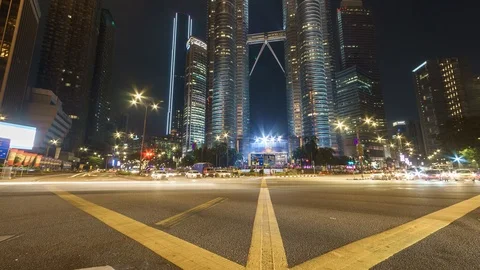 Light Trails Timelapse At KLCC Junction. Timelapse Pan Right Up Video stock 106762996