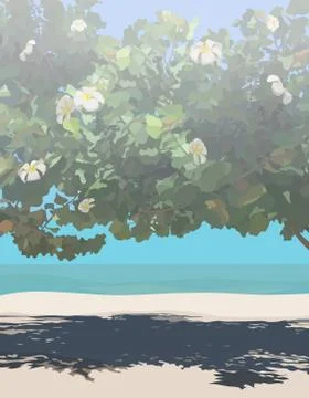 Light tropical tree background with flowers on the sandy seashore Illustrazione stock