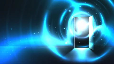 Light tunnel from open door of dark room, abstract mystical paranormal portal Illustrazione stock