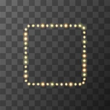 Light vector frame, golden glowing bulbs border, lamp square banner, retro wall Stock Illustration