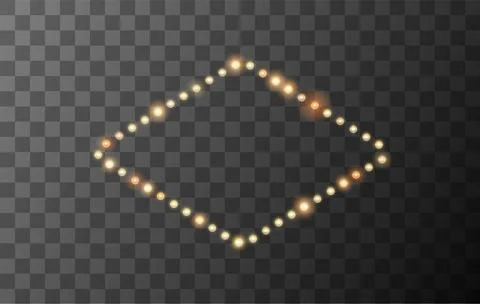 Light vector frame, golden glowing bulbs border, lamp rhombus banner, retro wall Stock Illustration