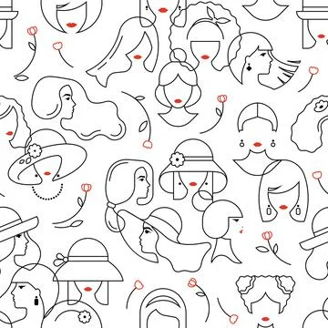 Light vector seamless pattern of drawings of women with different hairstyles and Stock Illustration