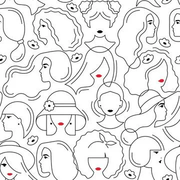 Light vector seamless pattern of drawings of women with different hairstyles and Stock Illustration