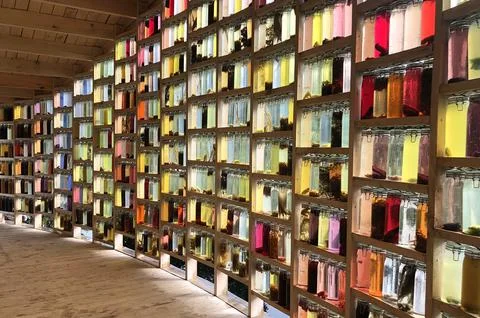 Light wall of colored bottles filled with organic material Stock Photos