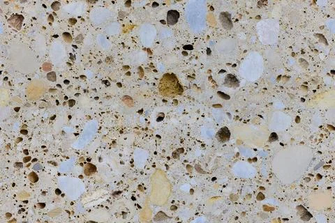 Light wall, slab of sawn shell rock with fine seamless texture of pebbles, pi Stock Photos