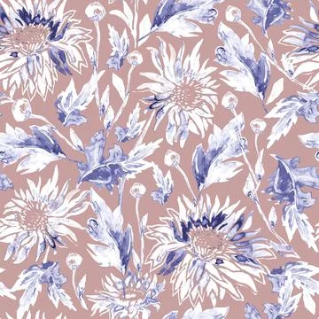Light watercolor seamless pattern with silhouettes of Chrysanthemum Flowers. Stock Illustration