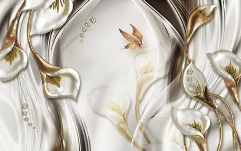 Light wavy background, abstract calla flowers, large butterfly Stock Illustration