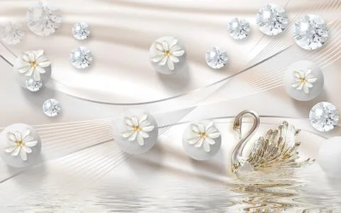 Light wavy background, white balls, large round crystals, metal swan Illustrazione stock