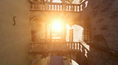 Into the light. way of life. sunset. sun flare. romantic architecture. flying Stock Footage 36962622