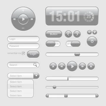 Light Web UI Elements Design Gray. Elements: Buttons, Switchers Stock Illustration