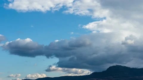Light white clouds fly across a bright blue sky near small rocks. Timelapse Stock Footage 179360565