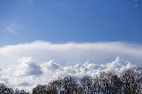 Light white fluffy clouds float across the blue sky. On a background of green Stock Photos