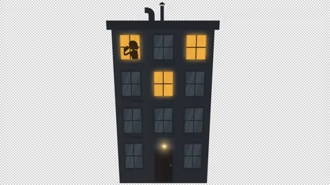 Light in the windows of the night house. Animation of neighbors in windows Stock Footage 171258071