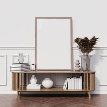 Light Wood Frame on Console Table with Decor for Mockup Stock Illustration